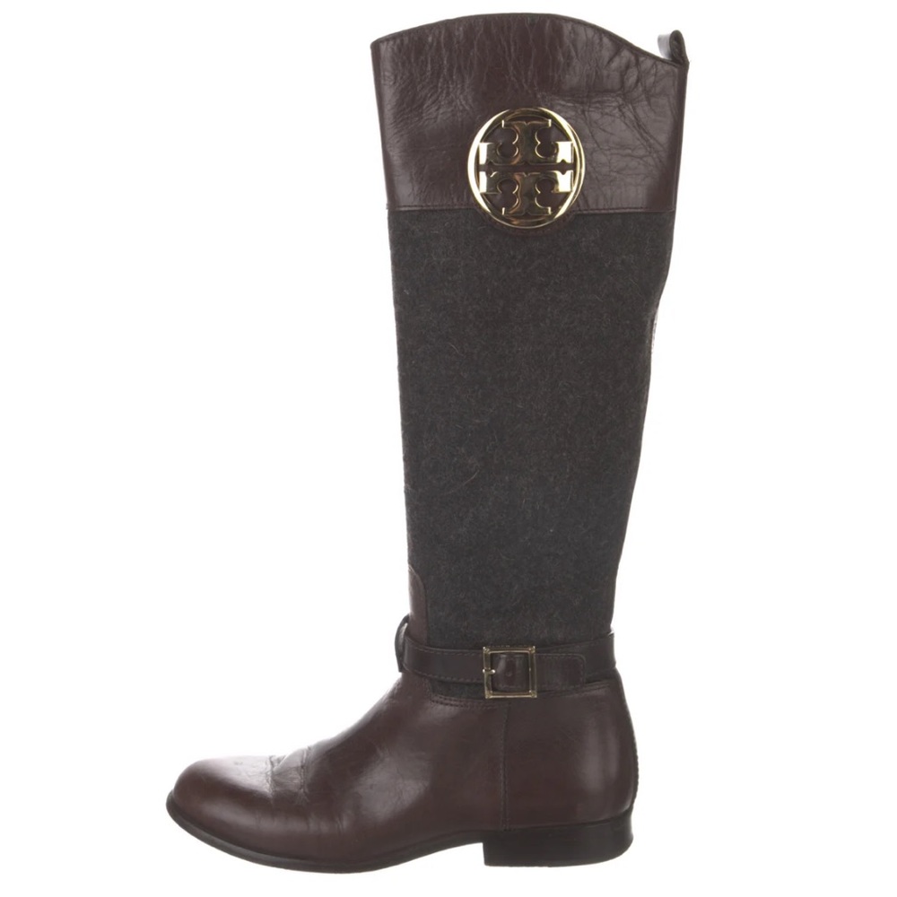 Designer Tory Burch Brown & Grey Leather Wool Logo Medallion Tall Riding Boots